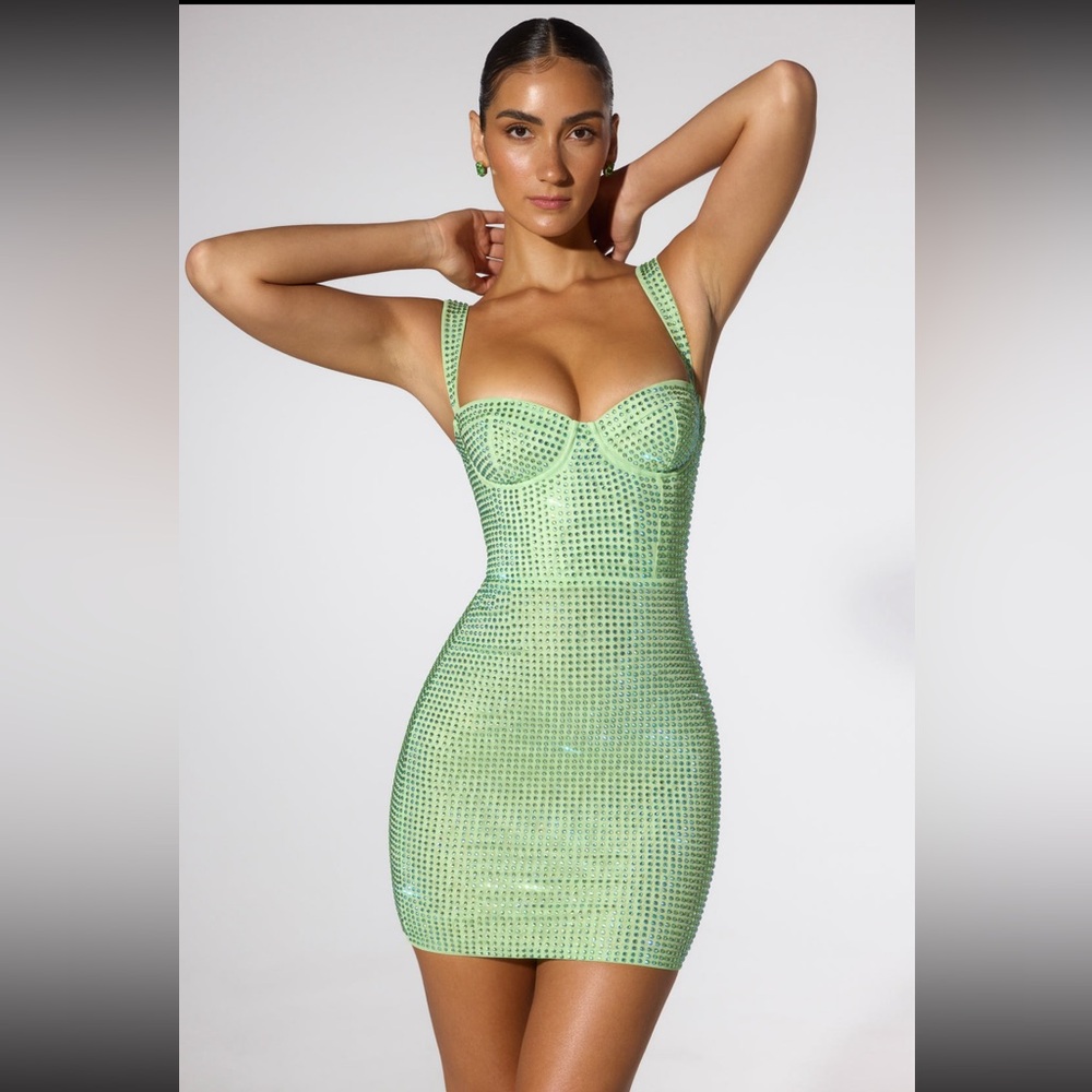 Oh Polly Ines Embellished Corset Mini Dress in Sage Green Size 0